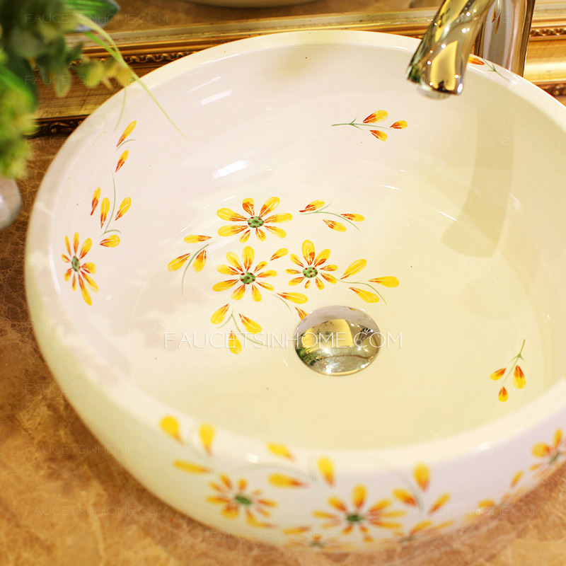 Round Vessel Sink Artistic Ceramic Yellow Barberton Daisy  