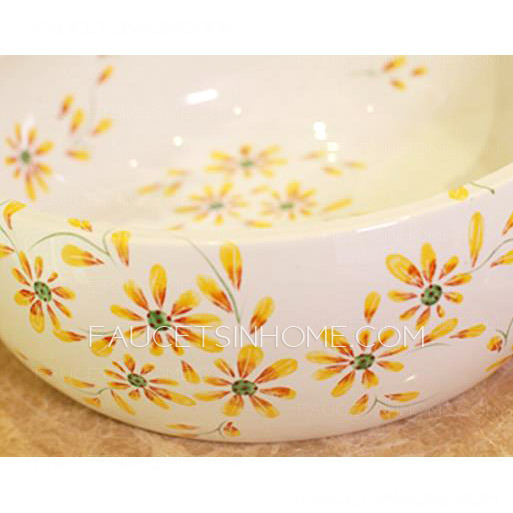 Round Vessel Sink Artistic Ceramic Yellow Barberton Daisy  