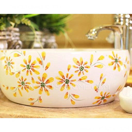 Round Vessel Sink Artistic Ceramic Yellow Barberton Daisy  