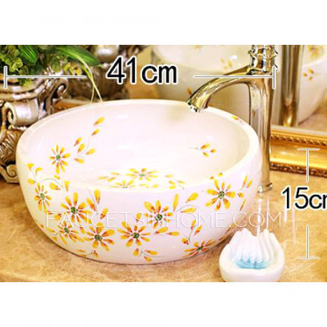 Round Vessel Sink Artistic Ceramic Yellow Barberton Daisy  