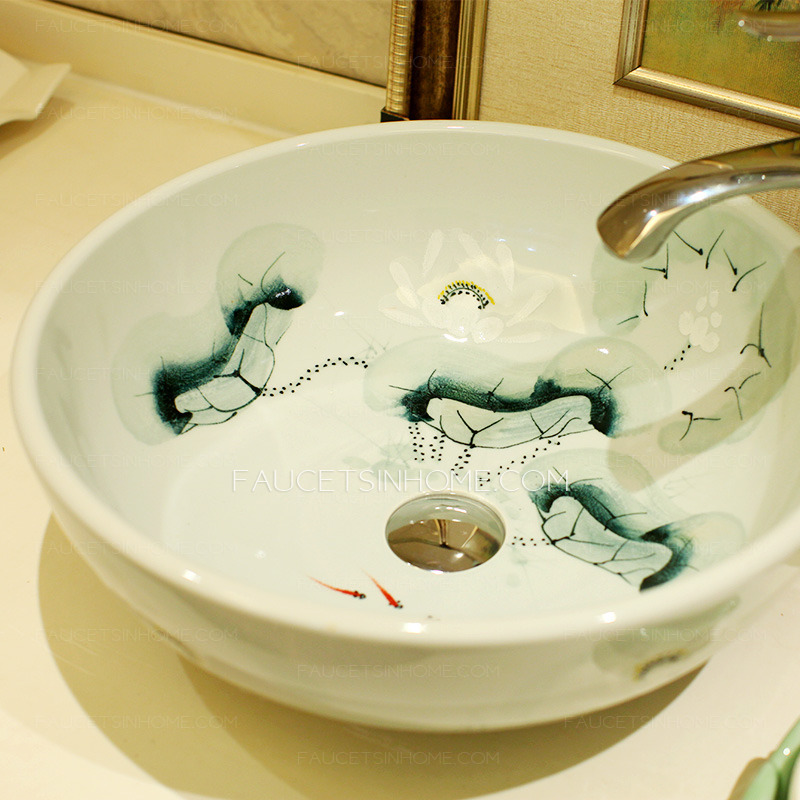 Vessel Bowl Sink Porcelain Green Lotus Pond