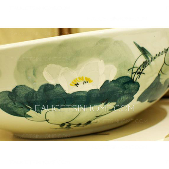 Vessel Bowl Sink Porcelain Green Lotus Pond