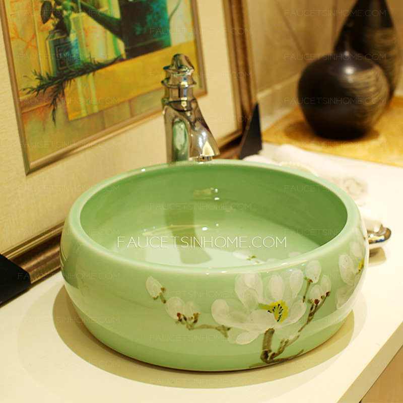 Green Vessel Sink Ceramic White Plum Blossom