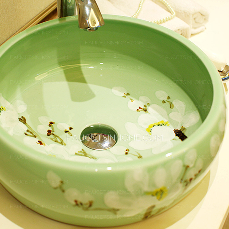 Green Vessel Sink Ceramic White Plum Blossom