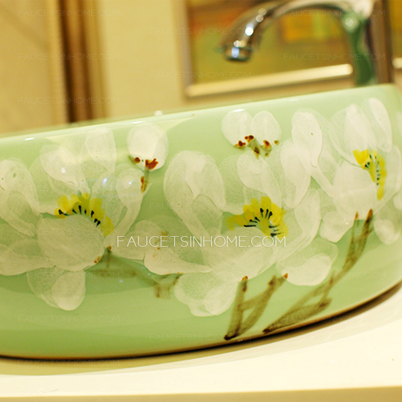 Green Vessel Sink Ceramic White Plum Blossom