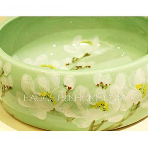 Green Vessel Sink Ceramic White Plum Blossom