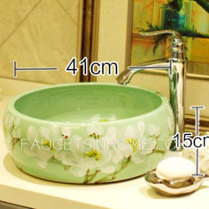 Green Vessel Sink Ceramic White Plum Blossom