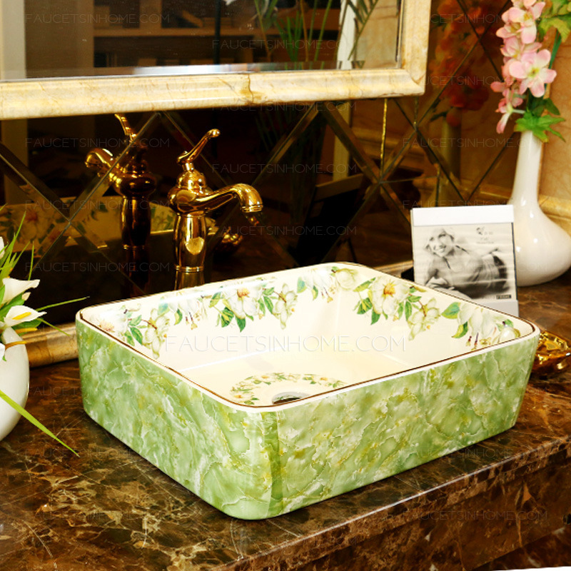 Rectangular Vessel Sink Porcelain Green and White Jasmine