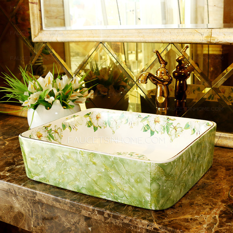 Rectangular Vessel Sink Porcelain Green and White Jasmine