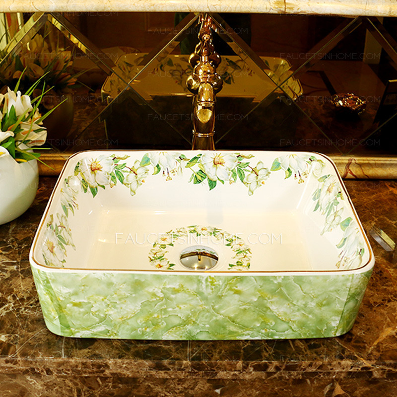 Rectangular Vessel Sink Porcelain Green and White Jasmine