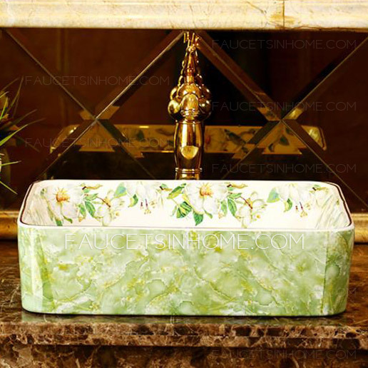 Rectangular Vessel Sink Porcelain Green and White Jasmine