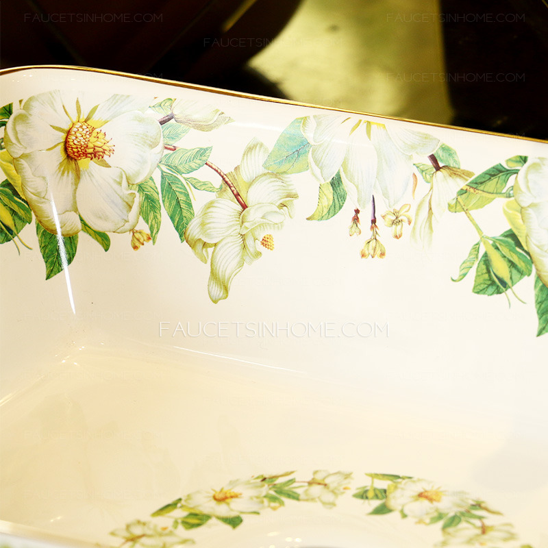 Rectangular Vessel Sink Porcelain Green and White Jasmine