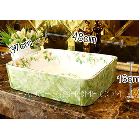 Rectangular Vessel Sink Porcelain Green and White Jasmine