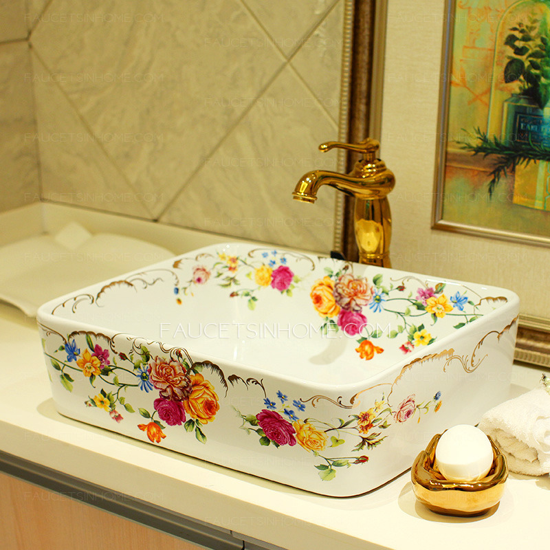 Rectangular Vessel Sinks Ceramic White Floral Painting 