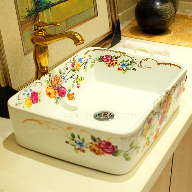 Rectangular Vessel Sinks Ceramic White Floral Painting 