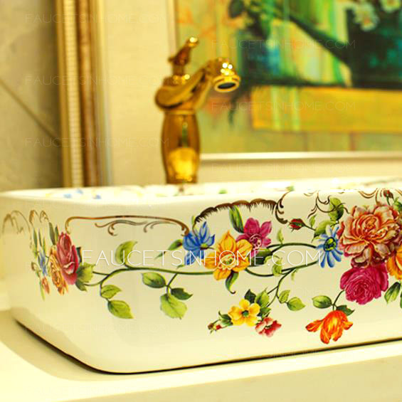 Rectangular Vessel Sinks Ceramic White Floral Painting 