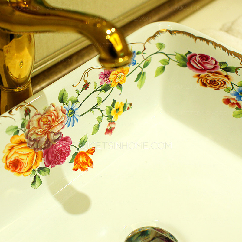 Rectangular Vessel Sinks Ceramic White Floral Painting 