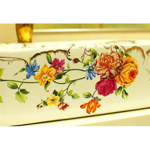 Rectangular Vessel Sinks Ceramic White Floral Painting 