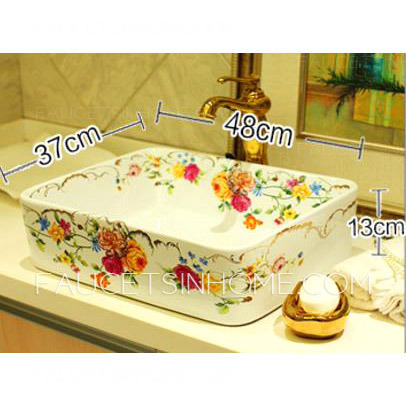 Rectangular Vessel Sinks Ceramic White Floral Painting 