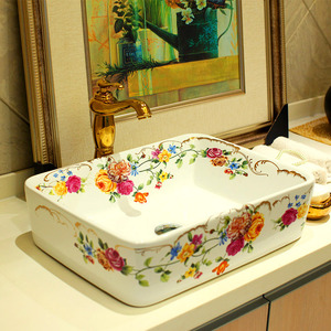 Rectangular Vessel Sinks Ceramic White Floral Painting 