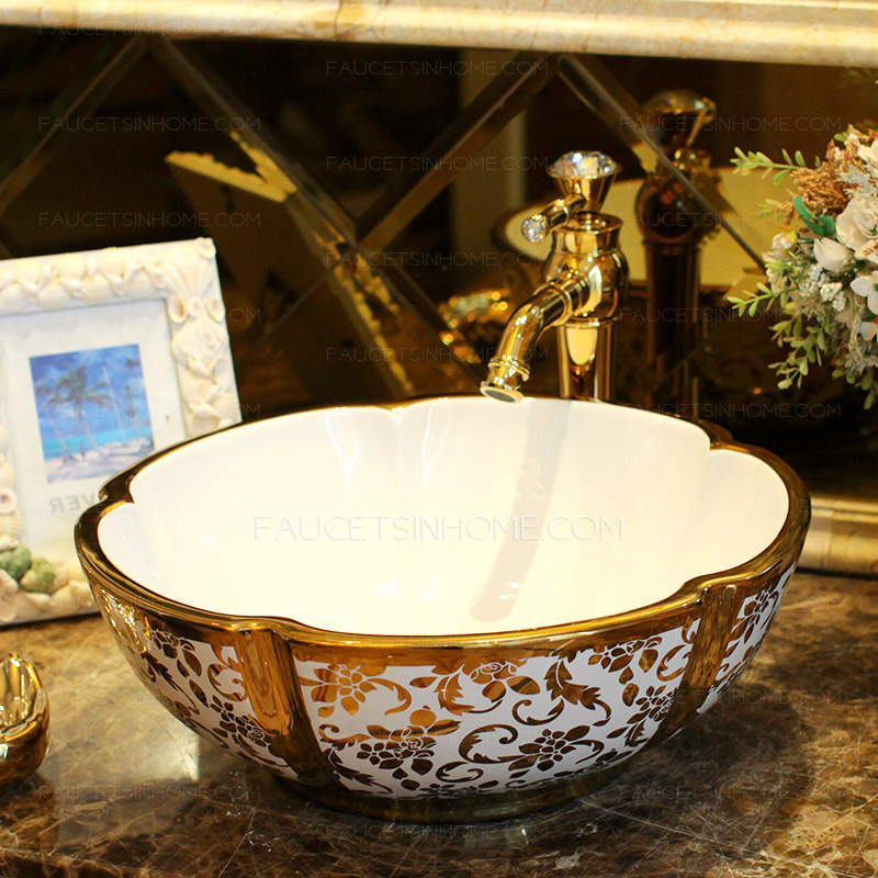 Gold Vessel Sink Luxury Ceramic Hot Stamping Floral