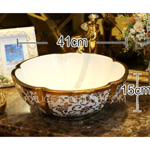 Gold Vessel Sink Luxury Ceramic Hot Stamping Floral