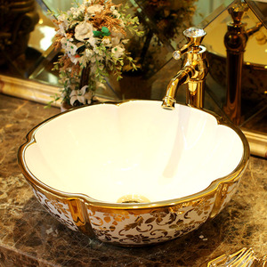 Gold Vessel Sink Luxury Ceramic Hot Stamping Floral