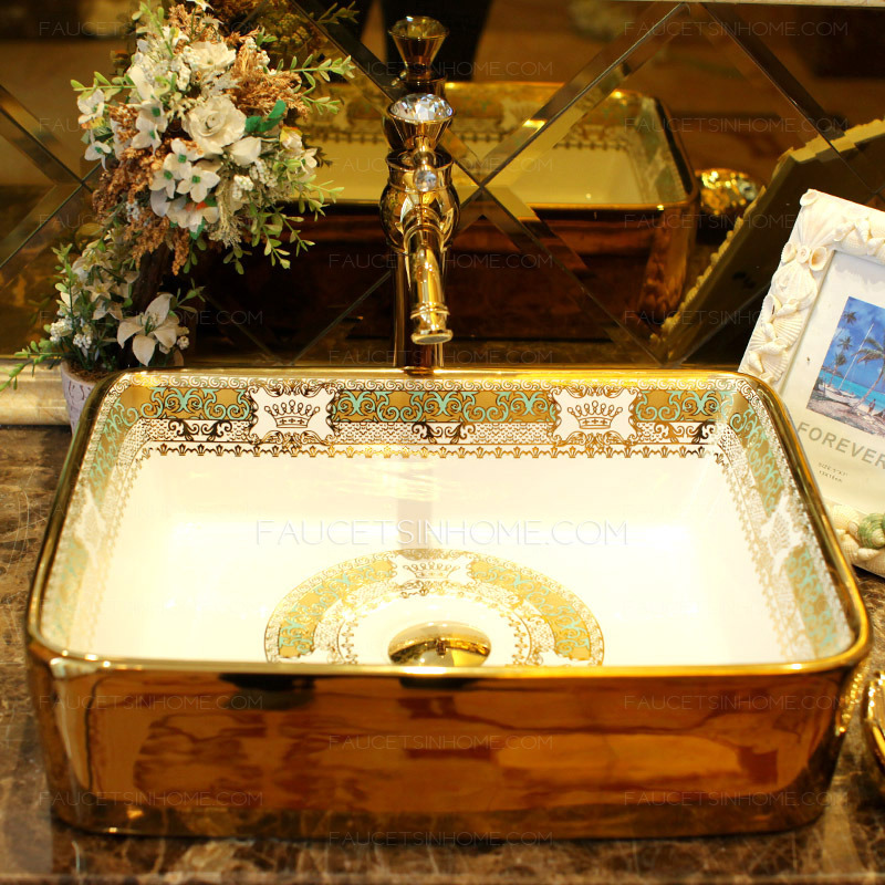 Bathroom Vessel Sink Rectangular Porcelain Gold Pattern  