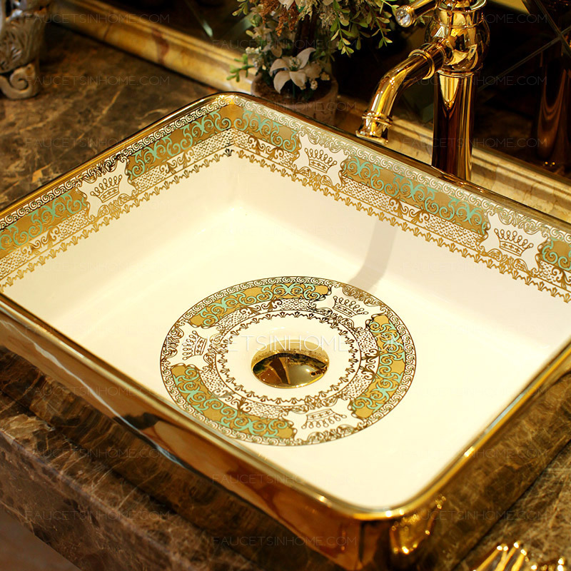 Bathroom Vessel Sink Rectangular Porcelain Gold Pattern  