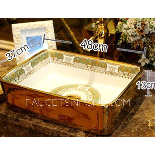 Bathroom Vessel Sink Rectangular Porcelain Gold Pattern  