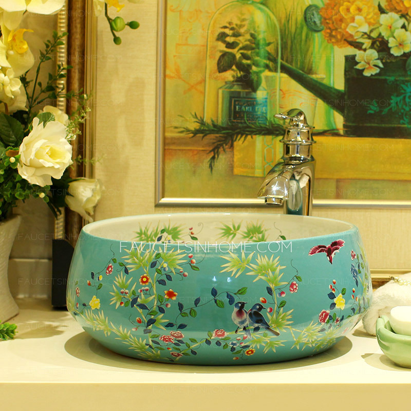 Blue Vessel Sink Antique Chinese Style Floral White and Blue 