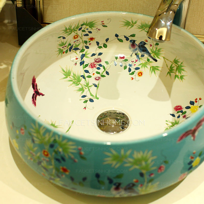 Blue Vessel Sink Antique Chinese Style Floral White and Blue 