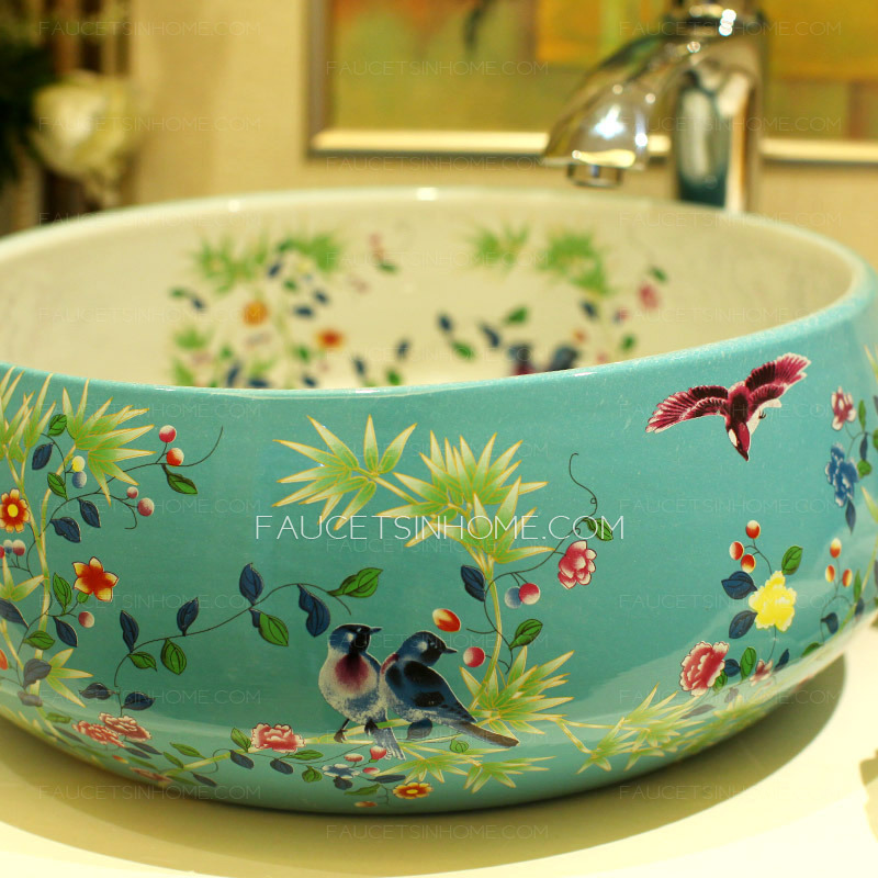 Blue Vessel Sink Antique Chinese Style Floral White and Blue 