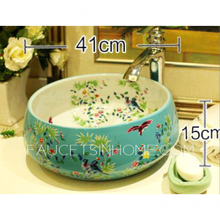 Blue Vessel Sink Antique Chinese Style Floral White and Blue 