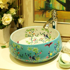 Blue Vessel Sink Antique Chinese Style Floral White and Blue 