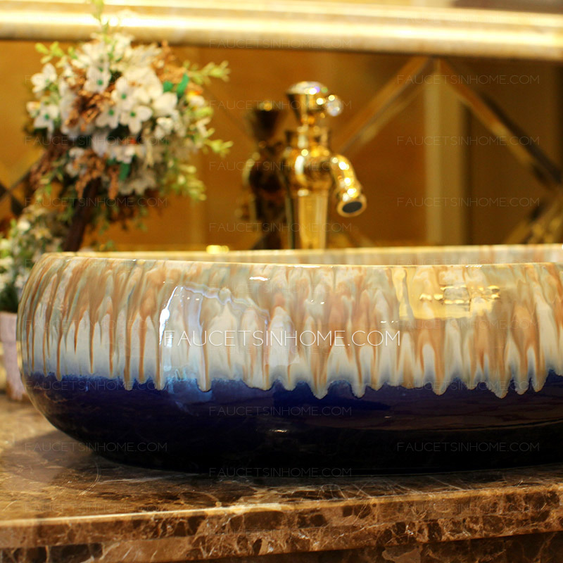 Oval Vessel Sink Designed Porcelain Dark Blue Enamelling 