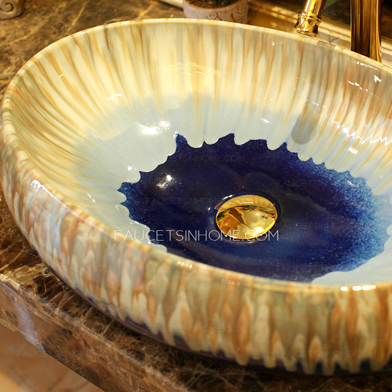 Oval Vessel Sink Designed Porcelain Dark Blue Enamelling 