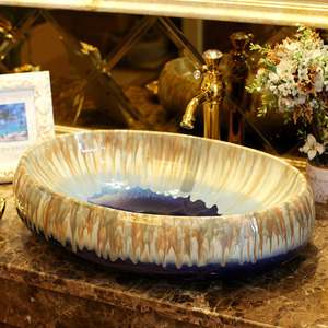 Oval Vessel Sink Designed Porcelain Dark Blue Enamelling 