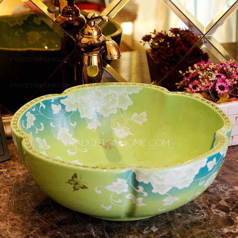 Ceramic Vessel Sink Green and Blue Flower Shape Painting