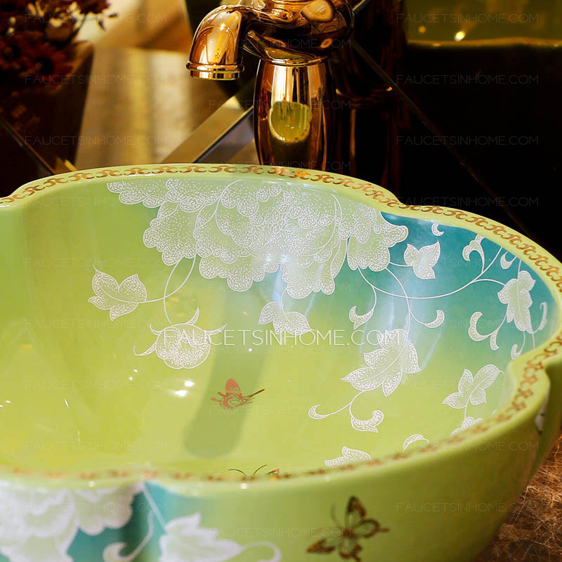 Ceramic Vessel Sink Green and Blue Flower Shape Painting