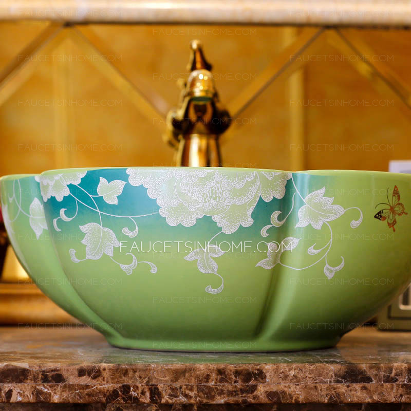 Ceramic Vessel Sink Green and Blue Flower Shape Painting