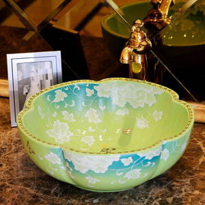 Ceramic Vessel Sink Green and Blue Flower Shape Painting
