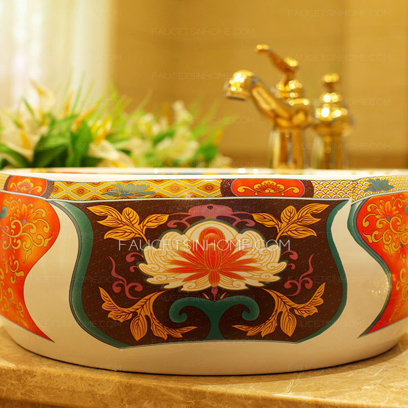 Vintage Vessel Sink Artistic Porcelain Colorful Pattern 