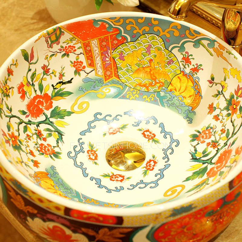 Vintage Vessel Sink Artistic Porcelain Colorful Pattern 