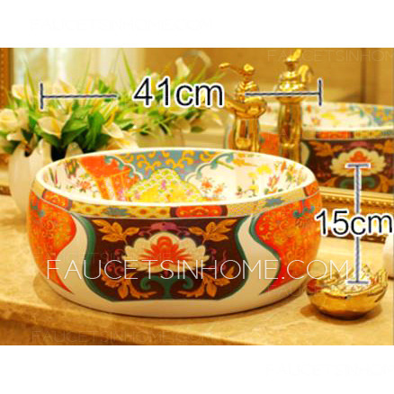 Vintage Vessel Sink Artistic Porcelain Colorful Pattern 