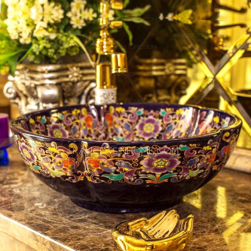 Purple Vessel Sink Vintage Porcelain Flower Shape Pattern