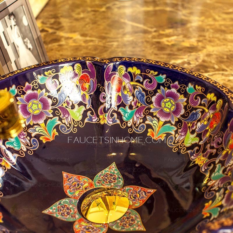 Purple Vessel Sink Vintage Porcelain Flower Shape Pattern