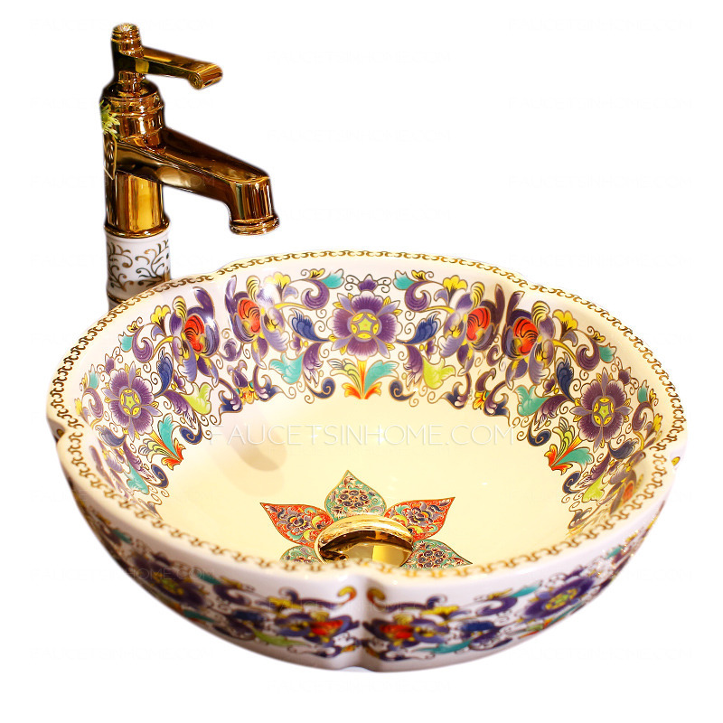 White Vessel Sink Antique Ceramic Flower Shape Pattern