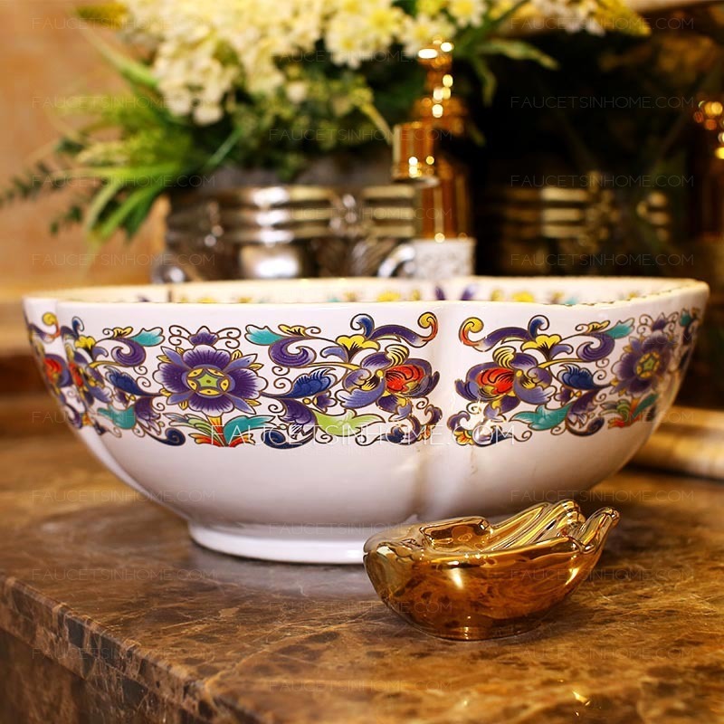 White Vessel Sink Antique Ceramic Flower Shape Pattern