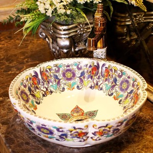 White Vessel Sink Antique Ceramic Flower Shape Pattern